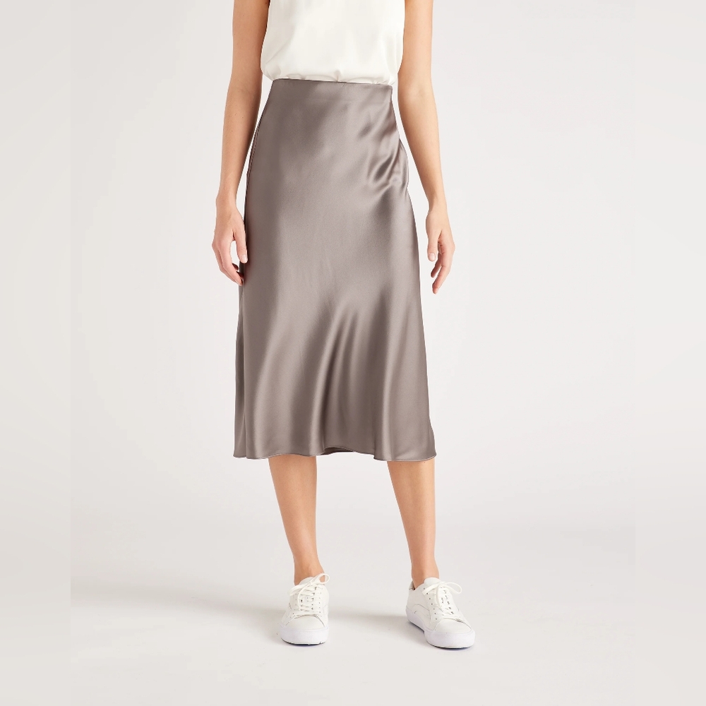 Quince Satin Midi Skirt in Taupe